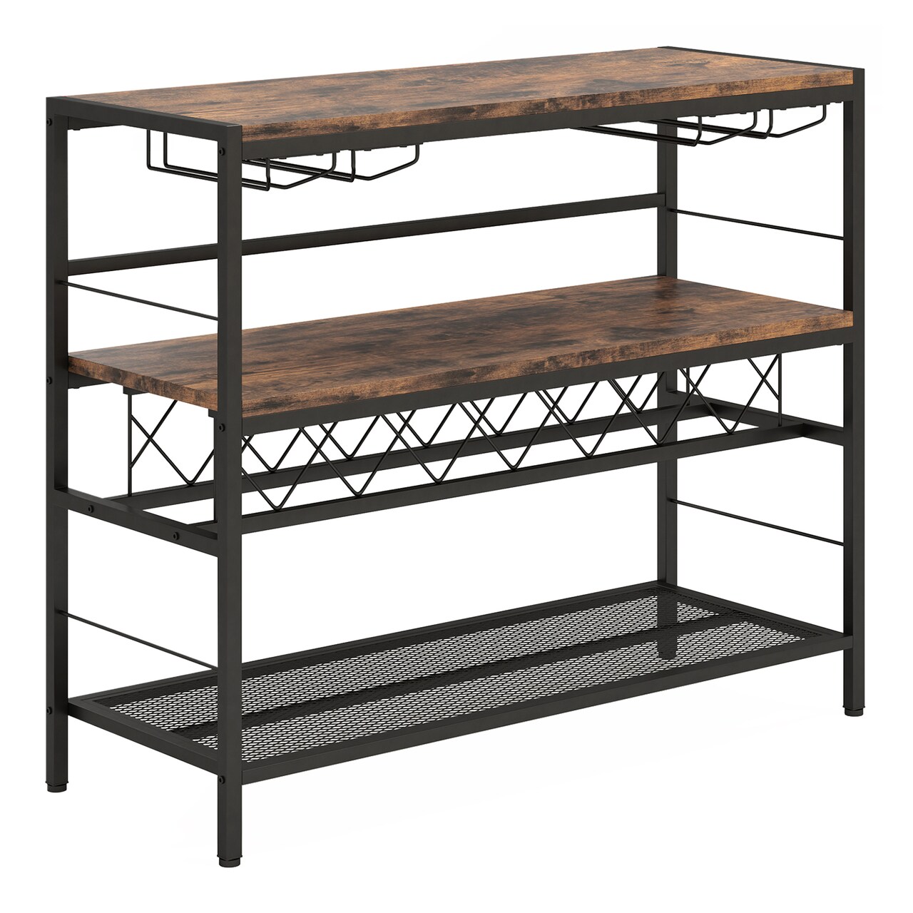 41 Inch 4-Tier Rustic Brown Metal Frame Bar Table with Wine Rack and Glass Holders